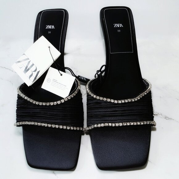 Zara Black Rhinestone High Heel Sandals Size 7.5 US 38 Square Toe Slip On New - Picture 8 of 12